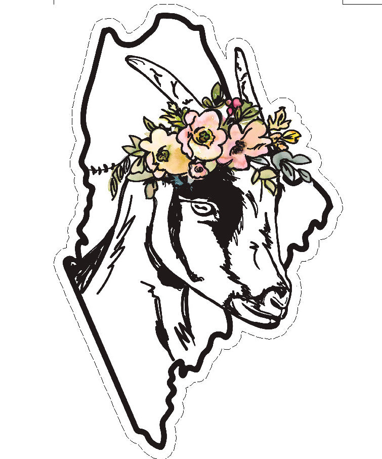 Sticker. Maine state outline with goat wearing flower crown in the middle.