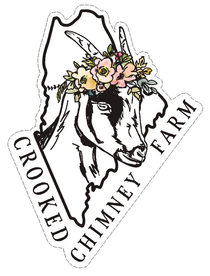 Sticker. Maine state outline with goat wearing flower crown in the middle and Crooked Chimney Farm Text underneath.