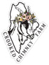 Sticker. Maine state outline with goat wearing flower crown in the middle and Crooked Chimney Farm Text underneath.