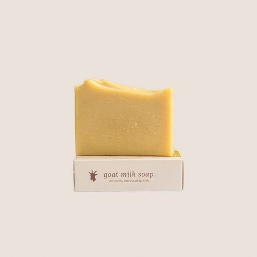 a bar of lime and ginger goat milk soap on top of soap box, beige background