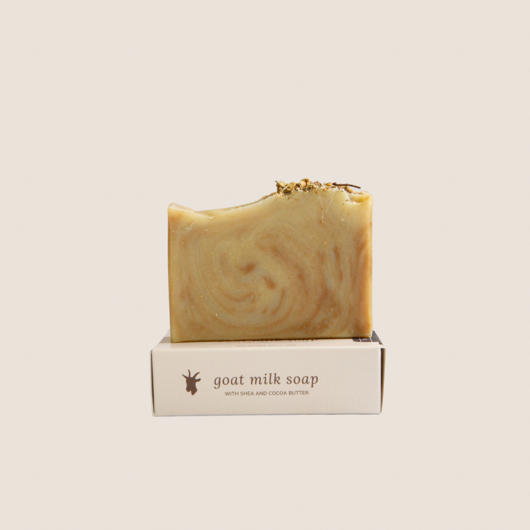 Cardamom & Cedar soap bar on top of soap box, beige background