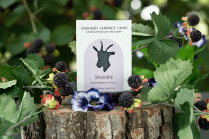 Crooked Chimney Farm Bramble goat milk soap bar in a white paper sleeve packaging, displayed on a rustic wood slice surrounded by green leaves, blackberries, and blue flowers against a solid terracotta background.
