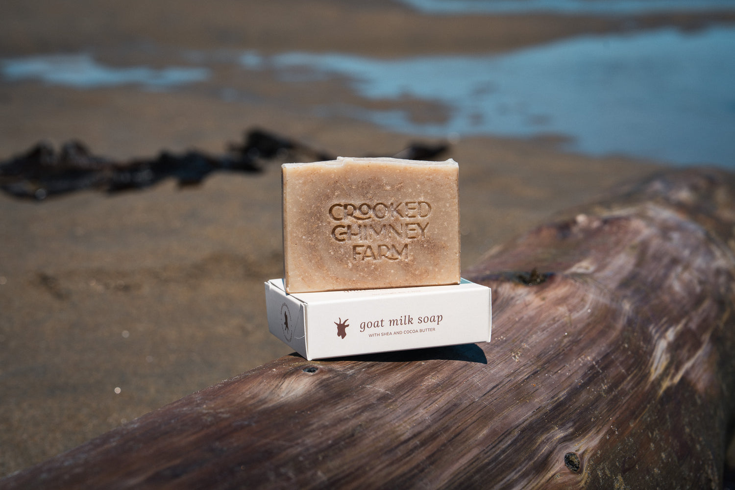 A bar of tide goat milk soap set on a log on a beach with the water and kelp behind it
