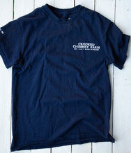 Load image into Gallery viewer, Navy Blue Crooked Chimney Farm Tee Shirt, front. Farm Name on left chest.
