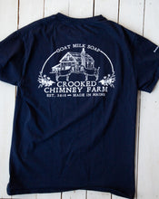 Load image into Gallery viewer, Navy blue Crooked Chimney Farm Tee Shirt, back. Farm Logo with goats and barn.
