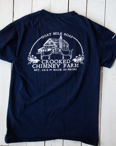Navy blue Crooked Chimney Farm Tee Shirt, back. Farm Logo with goats and barn.