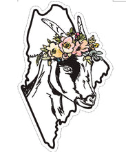Load image into Gallery viewer, Sticker. Maine state outline with goat wearing flower crown in the middle. 

