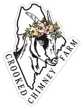 Load image into Gallery viewer, Sticker. Maine state outline with goat wearing flower crown in the middle and Crooked Chimney Farm Text underneath. 
