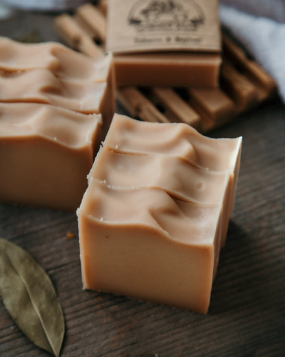 tobacco and bayleaf soap, 7 peach colored bars. 
