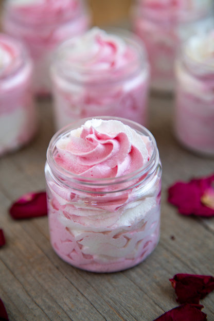 open jar of wild rose sugar whipped soap. 