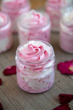 Load image into Gallery viewer, open jar of wild rose sugar whipped soap. 
